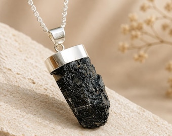 Black Tourmaline Pendant for Protection- Unisex Tourmaline Bar Pendant for Men Women- Natural Crystal Healing Jewelry- EMF Gemstone- Gifts