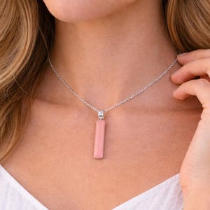 Pink Opal Bar Necklace • Personalized October Birthstone Pendant • Sterling Silver Minimal Minimalist Crystal Jewelry for Men Women - Gifts