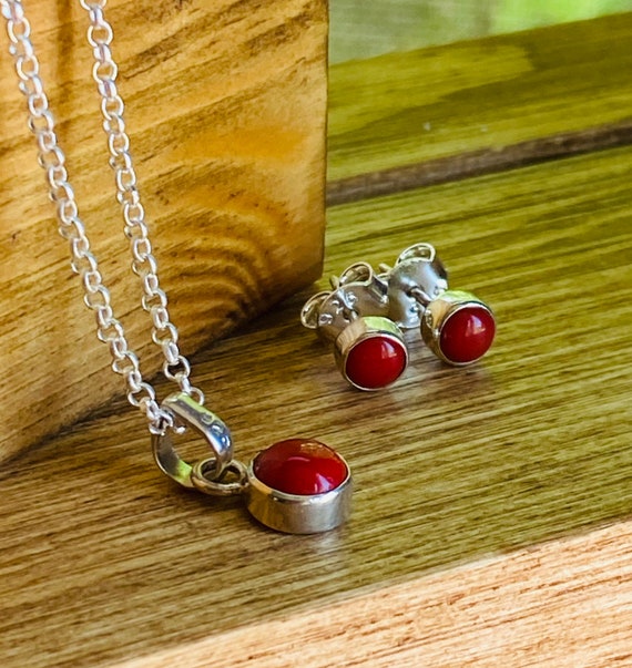 Red Coral Pendant necklace and studs earrings  set 925 sterling silver small gemstone birthstone Aires zodiac crystal jewelry gifts for her