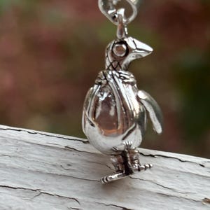 May include: A silver-colored penguin pendant with a detailed design. The penguin has a textured body, wings, and feet. The pendant is attached to a silver chain, and is displayed against a blurred background.