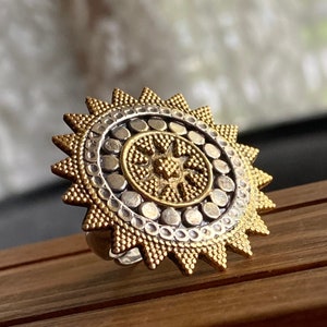 Sterling silver and gold mandala ring-large 30 mm round statement ring-adjustable vintage cocktail unique handcrafted ring for women