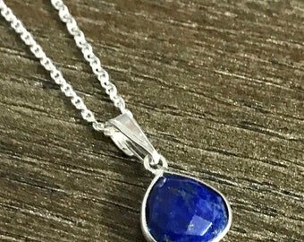 Lapis lazuli teardrop pendant tiny personalized December birthstone necklace sterling silver  small charm handmade jewelry set gifts for her