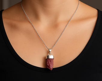 Watermelon Tourmaline Necklace for Her or Him |Raw Healing Crystal Bar Pendant Every day Wear| October Birthstone Gift for Men Women-Minimal