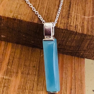 Blue chalcedony pendant sterling silver set dainty bar stone necklace March birthstone healing crystals pisces aries mens women jewelry gift