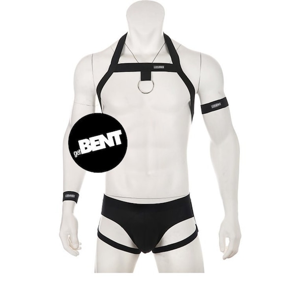 Harness and Underwear Set, with Wristband and Armband, Black, Sexy Clubwear, Party Wear, Gay Club, Gay Festival, Thong, Harness, Circuit