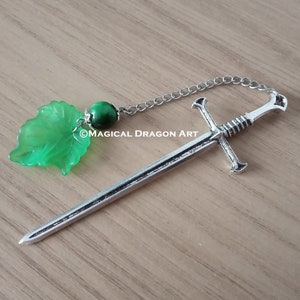 Green Leaf and Silver Sword Bookmark. Unique gift for people who love reading books. Unique OOAK jewelry handmade in the UK