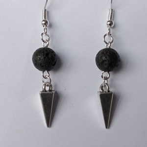 Silver Cone & Black Lava Rock - Single Earring or Pair - closures to choose from. Unique Unisex Gift Handmade UK. Ladies / Mens Earrings