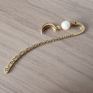 Gold Crescent Moon Bookmark with Jade Gemstone. Unique gift for people who love reading books. Universal Unusual Jewellery Handmade in UK