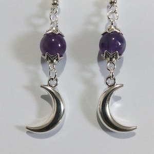 Amethyst Crescent Moon Earrings with closures to choose from. Unique Gothic Witchery Gift straight from the Dark Past. Handmade in UK
