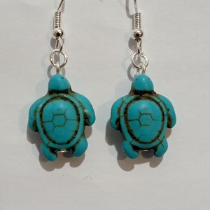 Turquoise Blue Howlite Turtle Earrings with closures to choose from. Cheap Unique Novelty Gift. Summer Jewellery Handmade in the UK