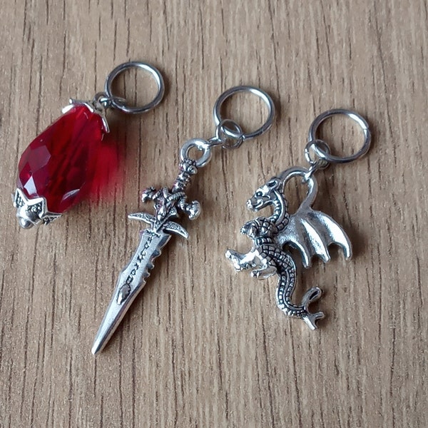 Silver Witchery Hair Charm Set: Dragon, Dagger and Bloody Crystal for Dreadlocks and Braids. Unique Universal Gift Handmade in the UK