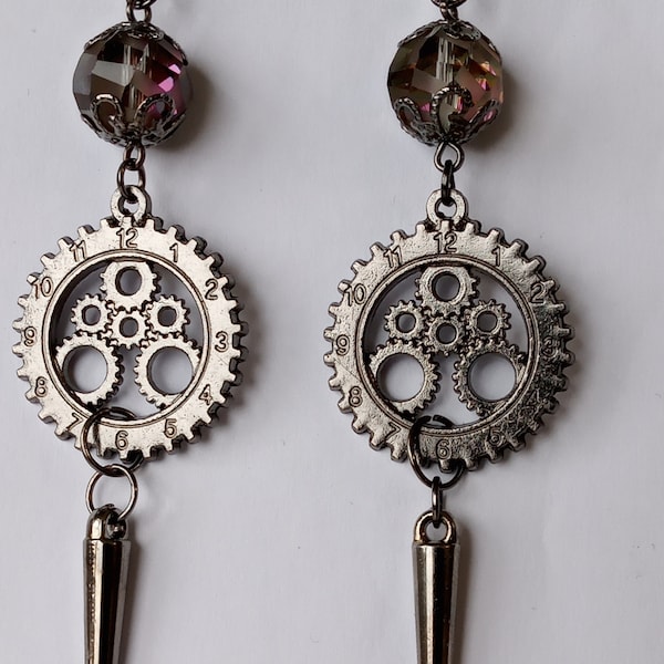 Crystal Clock Steampunk Victorian Earrings in gunmetal colour - closures to choose from. Unique OOAK Jewellery handmade in The UK