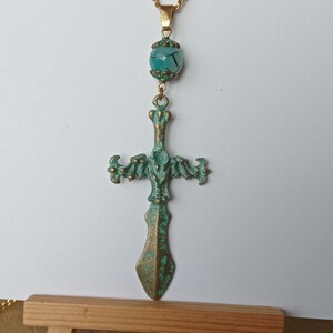 Green Patina Brass Dragon Sword Necklace with Dragon Vein Gemstone on Brass Chain - custom length. Unique Mens Jewellery Handmade in the UK