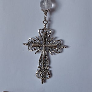 Large Silver Cross Necklace with Rock Crystal on Steel Chain or Thong. Unusual Universal Gift. Unique Jewellery Handmade in UK