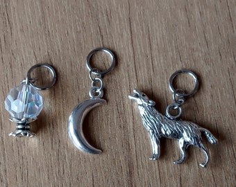 Silver Witchery Hair Charm Set: Moon, Wolf And Fortune Teller for Dreadlocks and Braids. Unique Universal Gift Handmade in the UK