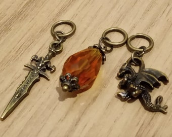 Antique Bronze Witchery Hair Charm Set: Dragon, Dagger and Topaz Crystal for Dreadlocks and Braids. Unique Universal Gift Handmade in the UK