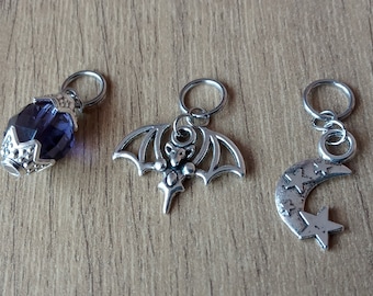 Silver Night Sky Hair Charm Set: Moon, Bat and Night Crystal for Dreadlocks and Braids. Unique Universal Gift Handmade in the UK
