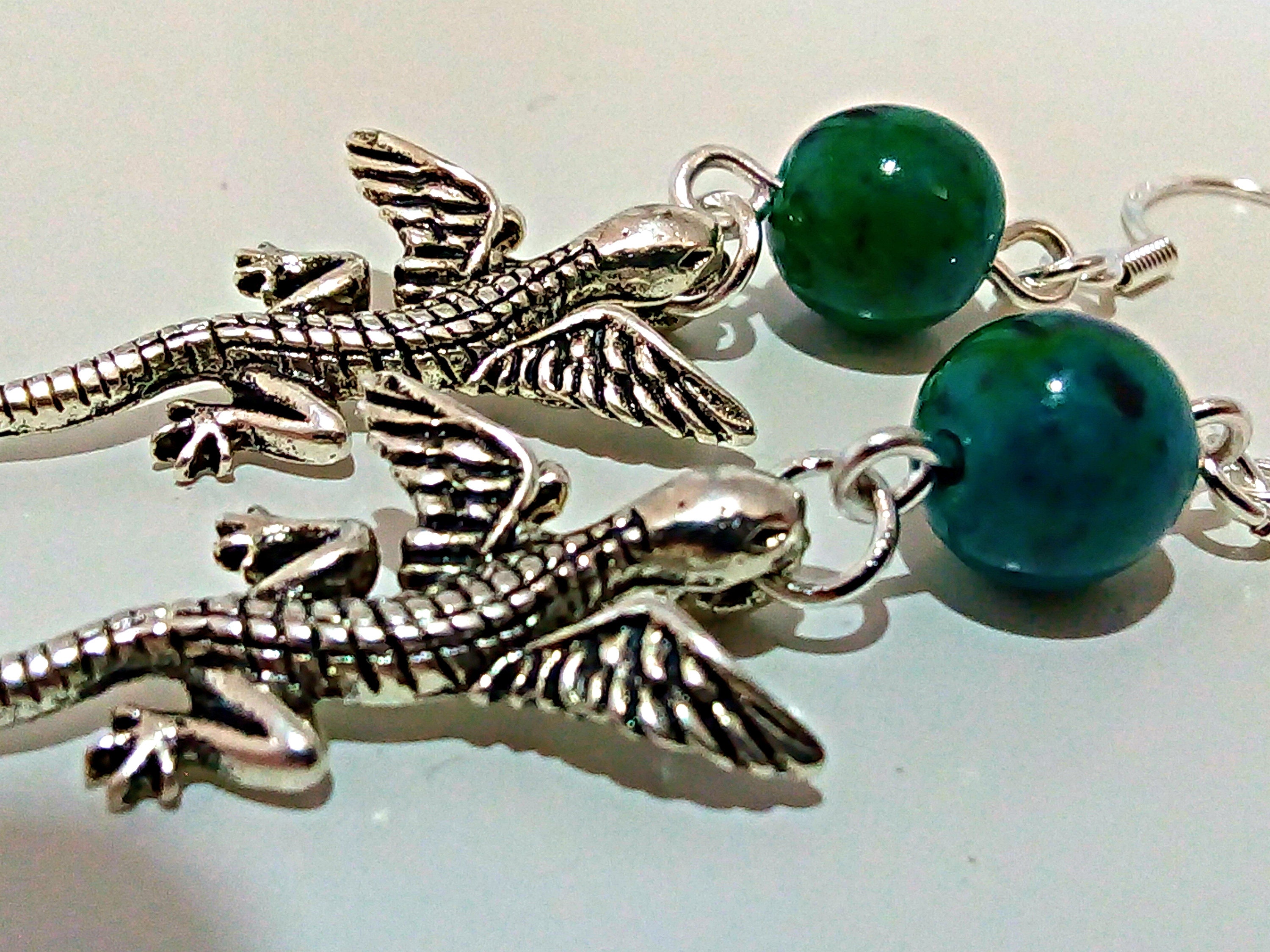 Handmade Tibetan Silver Lizard Gecko Drop Earrings with Free Organza Gift Bag 