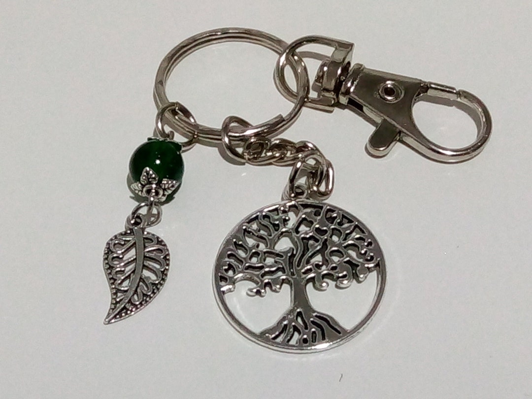 Keyring Keychain: Silver Tree With Green Crackle Crystal. Unique ...