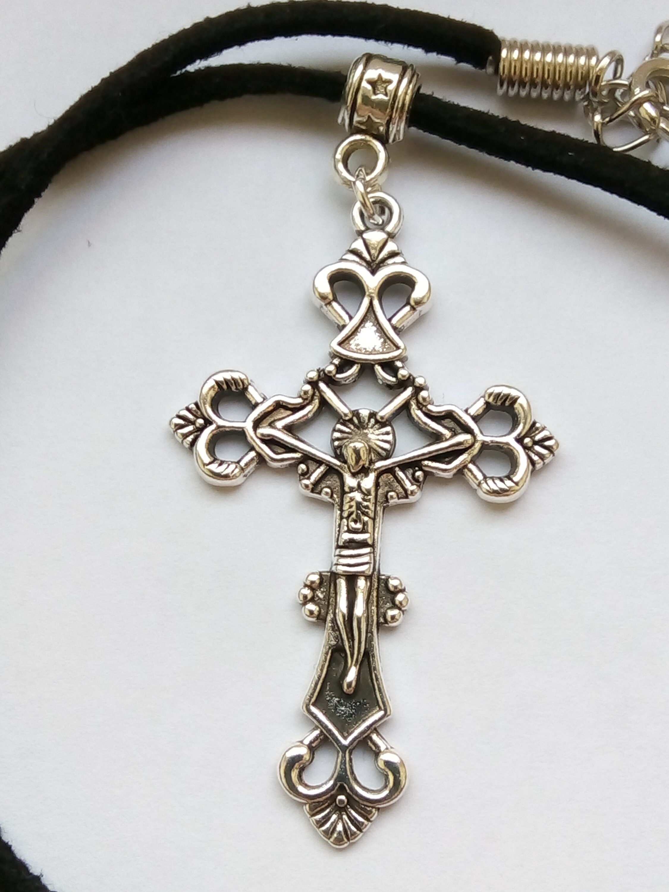 Silver Christian Cross Pendant Necklace Choker on Black Suede | Etsy UK