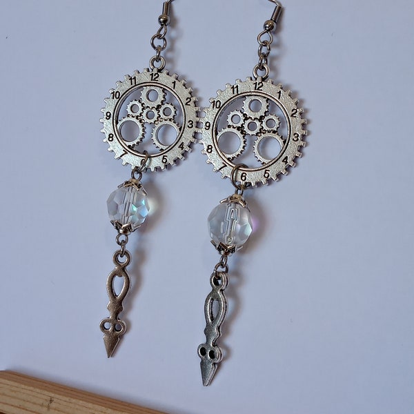 Silver Steampunk Clock Earrings with Mystic Aura Fairy Crystals and closures to choose from. Unique Steampunk Jewellery Handmade in the UK