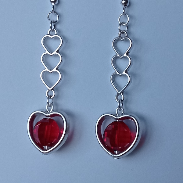 Heart Earrings with Dark Red Crystal Glass Beads. Closures to choose from. Unique Unusual Gift for Her. Unique Jewellery Handmade in the UK