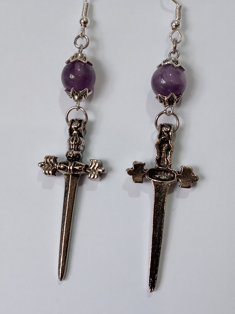 Silver Dagger Earrings Sword Earrings With Amethyst Gemstone Beads ...