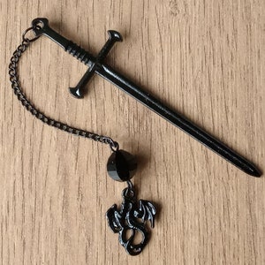 Black Sword Bookmark with Dragon and Crystal. Unique gift for people who love reading books. Unique OOAK jewellery handmade in the UK