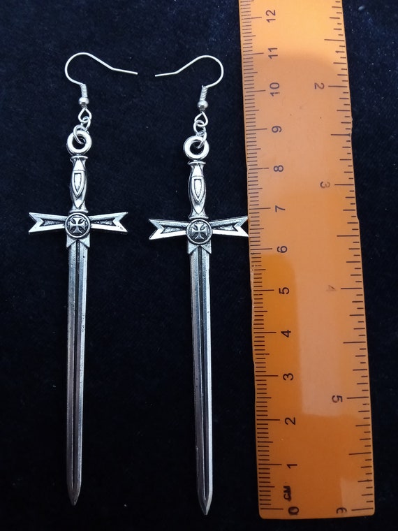 Long Knights Templar Sword Earrings: Handmade Medieval Jewelry