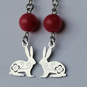 Stainless Steel Earrings Minimalist Rabbit Earrings with Pink Angelite and steel closures. Unique Gift Handmade in the UK. Magic of steel