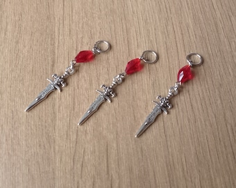 Silver Witchery Hair Charm: Dagger with Bloody Red Crystal for Dreadlocks and Braids. Unique Universal Gift Handmade in the UK