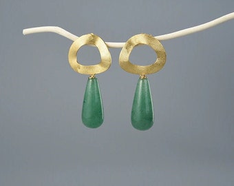18k gold plated silver earrings with green stone. Green aventurine jewelry. Green and gold earrings. Stunning gold earrings.