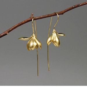 18k Gold Plated flower earrings "Magnolis". Sterling silver 925 flower earrings "Magnolis" .Long dangle flower earrings