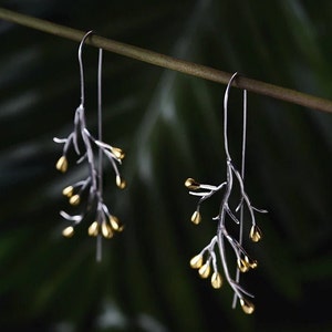 Handmade silver earrings Branch. 18k gold and 925 sterling silver minimalist floral style earrings.