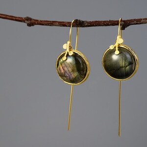 Natural stone earrings. 18k gold plated earrings with labradorite stone. Gold and black earrings.