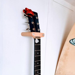 Oak & Leather Guitar Holder Wall Mount Guitar Stand. Luxurious Black