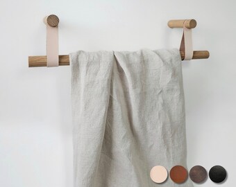 Oak and Leather Towel Rail: Handmade Bathroom Towel Holder