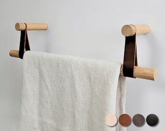 Handtuchhalter / Handtuchhalter, Badezimmer | Küchenhandtuchhaken aus Eiche und Leder
