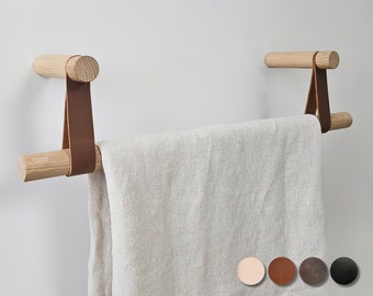 Handtuchhalter, Badezimmer | Haken für die Küche aus Eichenholz und Leder