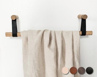 Handtuchhalter / Handtuchhalter, Badezimmer | Küchenhandtuchhaken aus Eiche und Leder