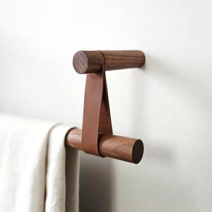 Walnut Curtain Rod holder / Pole holder, Leather Strap curtain hanger, Curtain Rod bracket. * Pole not included