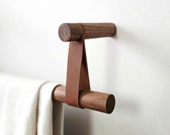 Walnut Curtain Rod holder / Pole holder, Leather Strap curtain hanger, Curtain Rod bracket. * Pole not included