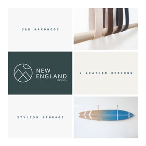 K&ouml;nnte beinhalten: Ein wei&szlig;es Surfbrett mit blauen und wei&szlig;en Streifen h&auml;ngt an einer Wand mit einem Lederriemen. Der Text "New England Designs" befindet sich auf einem dunkelgr&uuml;nen Hintergrund. Der Text "Oak Hardwood" befindet sich auf einem wei&szlig;en Hintergrund. Der Text "4 Leather Options" befindet sich auf einem beigefarbenen Hintergrund. Der Text "Stylish Storage" befindet sich auf einem wei&szlig;en Hintergrund.