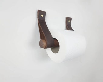 Porte-rouleau papier toilette en chêne et cuir