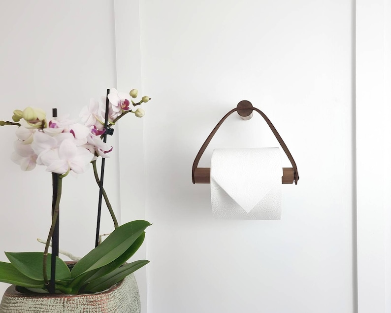 Toilet Roll Holder Walnut & Leather / Toilet paper holder 画像 2