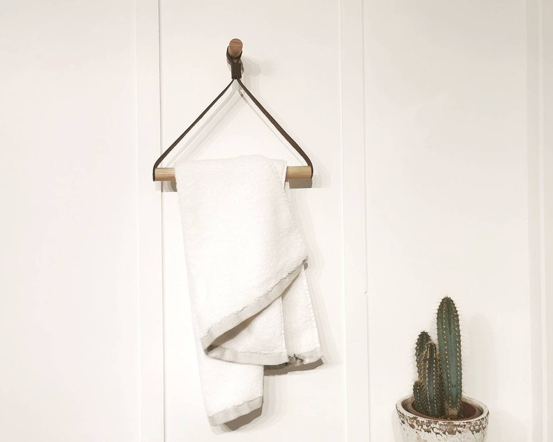 Towel rail / Towel holder made from Oak and Leather image 1