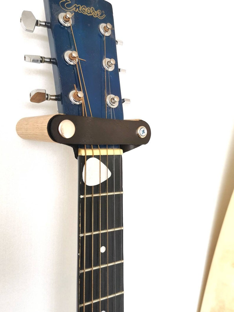 Oak & Leather Guitar Holder Wall Mount Guitar Stand. Premium Brown VegTan