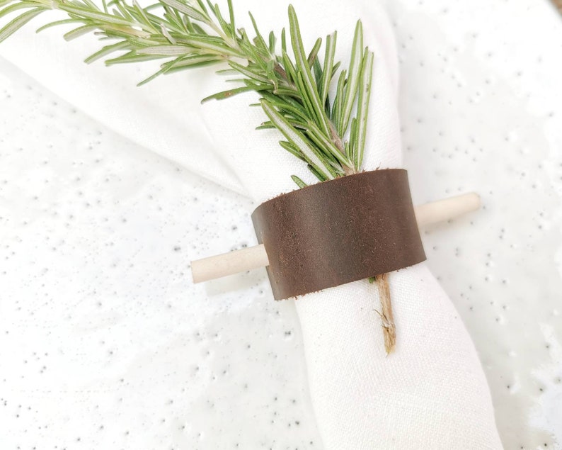 Napkin rings Leather Strap and Birch, handmade table dressing. image 7