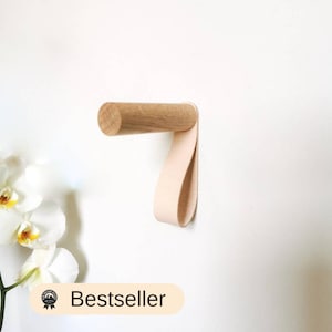Oak and Leather Wall Hook / Coat Hook / Clothes Hanger image 1