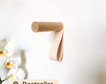 Oak and Leather Wall Hook / Coat Hook / Clothes Hanger